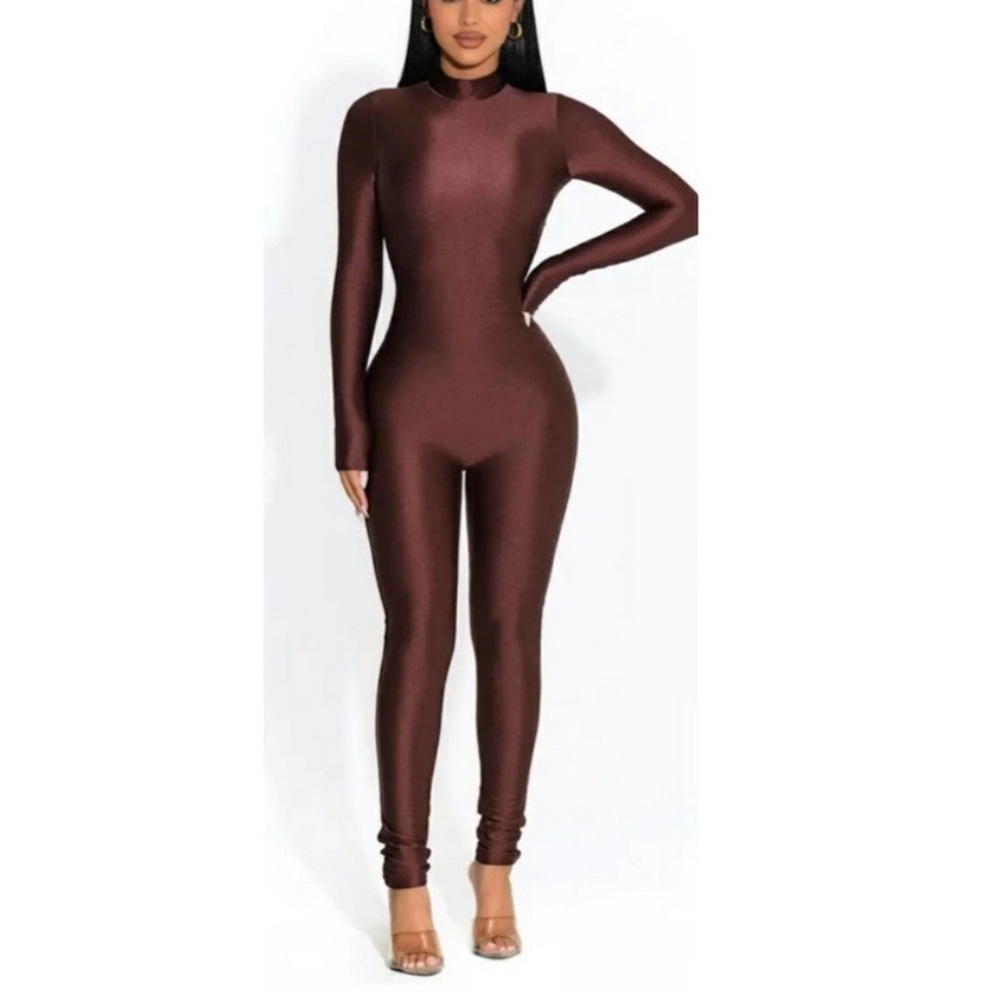NWT Naked Wardrobe Long Sleeve Chocolate Brown Slinky Stretchy Jumpsuit